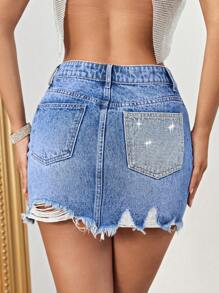 SHEIN BAE Rhinestone Detail Ripped Raw Hem Denim Skirt - Light Wash - View 1