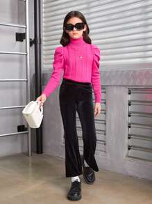 SHEIN Tween女孩高領蓬蓬袖毛衣 - 玫紅色 - 查看 3