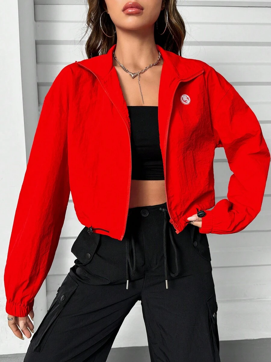 SHEIN Unity 字母補丁細節拉鏈開襟落肩袖夾克 - 紅色 - 查看 1