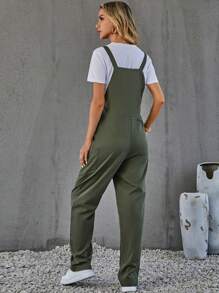 EMERY ROSE 女式长款工装风格连体裤，带前口袋，休闲实用外观 - 軍綠色 - 查看 2