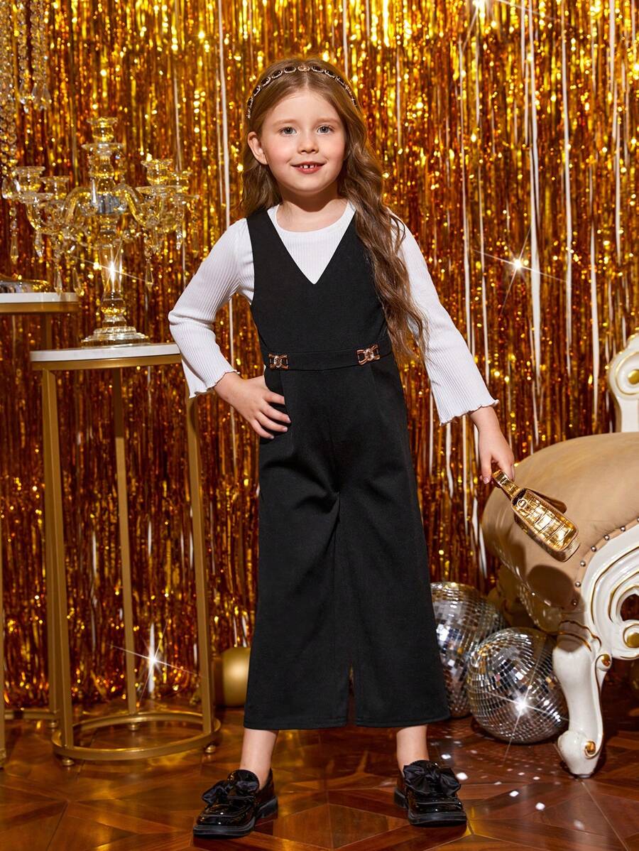SHEIN Young Girl Solid Overall Jumpsuit Without Tee - Black - View 1
