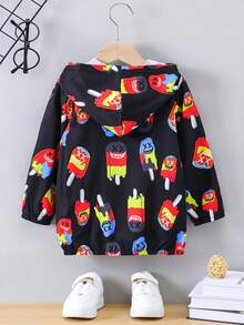 Young Boy Cartoon Graphic Zip Up Hooded Coat Without Tee - Black - View 2