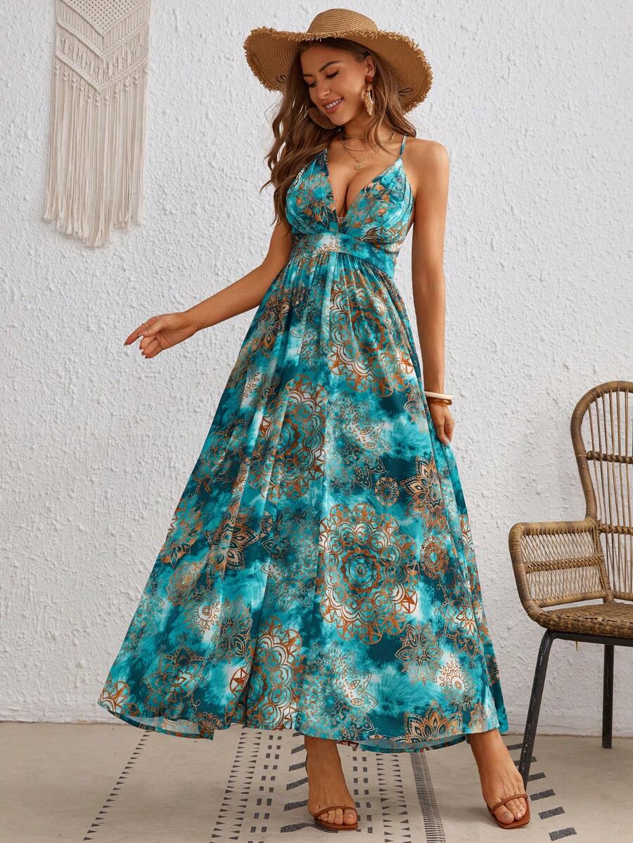 SHEIN VCAY Nhuộm buộc Thánh giá Ca-vát Backless Váy Dây - màu xanh lá - Xem 1