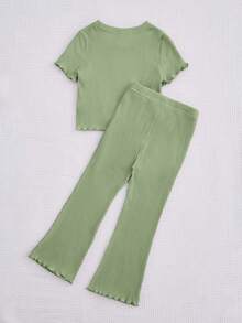 SHEIN Chica Joven con parche de mariposa bajo con nudo Camiseta & Pantalones acampanados - verde menta - Ver 2