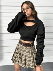 SHEIN Unity Cut Out Front Ruched Sleeve Crop Sweatshirt - Black - View 4