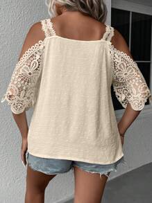SHEIN Clasi Plus Swiss Dot Cold Shoulder Guipure Lace Insert Blouse