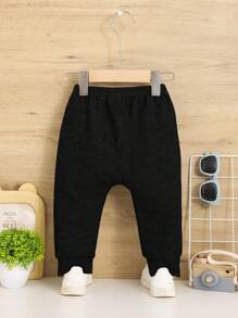 SHEIN Leap Crew Quần bé trai dệt kim màu đen giản dị thoải mái với dây thắt lưng thun trơn - màu đen - Xem 2