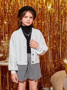 SHEIN 女大童麻花編織落肩袖開襟衫 - 白色 - 查看 1