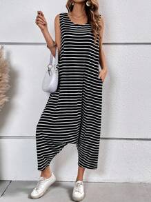 SHEIN LUNE 條紋印花隱藏口袋無袖連體褲