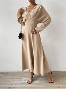 Chiquease 素色蝙蝠袖A字洋裝 - 杏色 - 查看 6