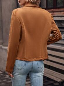 SHEIN Clasi Waterfall Collar Zip Front Jacket - Khaki - View 2