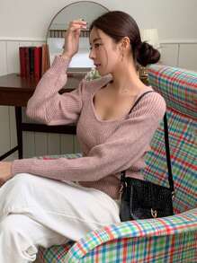 DAZY Cổ Trái tim Tay Raglan Đồ đan Ribbed Áo len - Bụi hồng - Xem 1