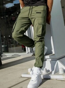 Manfinity EMRG Men Flap Pocket Drawstring Waist Cargo Pants - Army Green - View 3