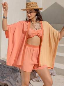 Rusttydustty Two Tone Batwing Sleeve Kimono & Shorts & Cami Top - Coral Orange - View 4