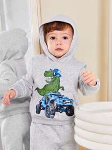 SHEIN 男嬰恐龍印花連帽衫和運動褲 - 灰色 - 查看 7