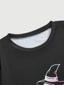 ROMWE Goth Cartoon Graphic Tee & Galaxy Print Shorts PJ Set - Black - View 4