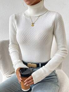 SHEIN LUNE Turtleneck Solid Sweater - Beige - View 4