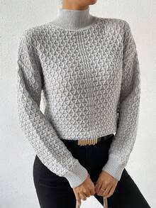 SHEIN LUNE 高領落肩袖套頭毛衣 - 灰色 - 查看 3