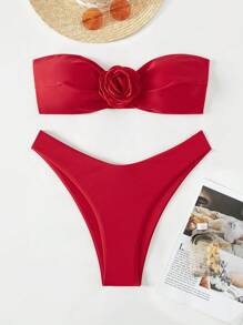 SHEIN Swim Bộ bikini băng đô 3d màu hồng trên bãi biển mùa hè - Đỏ - Xem 1