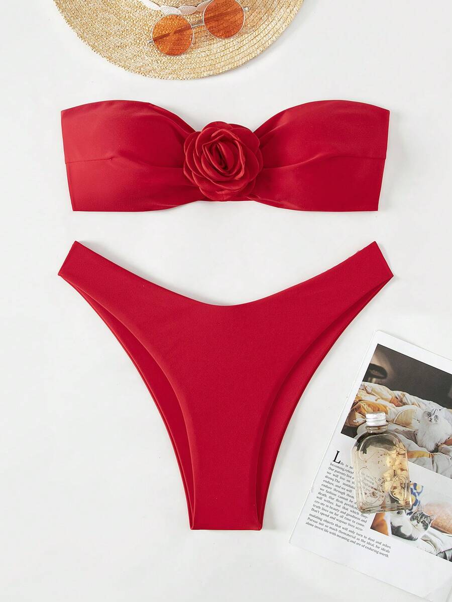 SHEIN Swim Bộ bikini băng đô 3d màu hồng trên bãi biển mùa hè - Đỏ - Xem 1