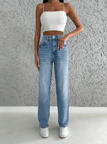 EURMUSE 100%Cotton High Waist Straight Leg Jeans - Light Wash - View 2