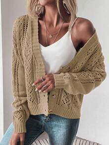 SHEIN LUNE Dệt kim chấm bi Thả vai Áo len Mở - Màu Khaki - Xem 7