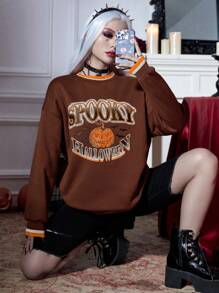 PUNK Áo nỉ tay trễ vai, họa tiết bí ngô và chữ cái chủ đề Halloween, viền sọc, thích hợp mặc mùa thu. - Cà phê nâu - Xem 1