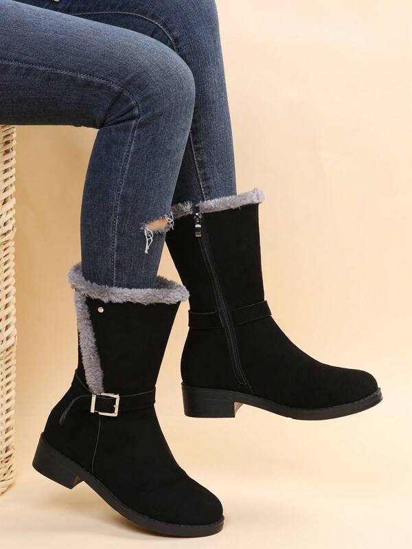 Bottes à talon épais confortables avec boucle pour femmes, nouvelles bottes noires chaudes et moelleuses avec fermeture éclair, mi-mollet, mi-talon, idéal à porter avec un jean