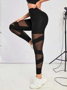 Menodora SHEIN Sport Menodora SHEIN Sport Mesh Insert Wideband Waist Sports Activewear Bottom Leggings Yoga Women Pants Mesh Running Fitness Gym Pink Workout Daily Going Out Fashion Casual - Black - View 3
