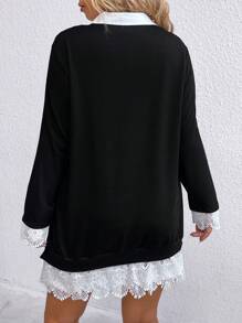 Juhart Plus Contrast Lace 2 In 1 Sweatshirt Dress Graduation,Back To School Outfits,Graduation,Teacher Outfits For Women,Back To School Pullover Fall Outfit Winter Autumn - Black - View 2