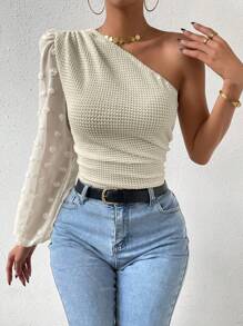 SHEIN Privé Áo crop top một vai kiểu chấm bi kiểu Thụy Sĩ - Màu be - Xem 5
