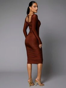 SHEIN BAE Đầm Bodycon xếp nếp cổ vuông - màu nâu - Xem 2