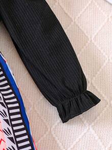 SHEIN 女小童幾何印花荷葉邊喇叭袖前蝴蝶結洋裝 - 黑色 - 查看 3