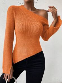 Chiquease Asymmetrical Neck Split Sleeve Sweater - Orange - View 3