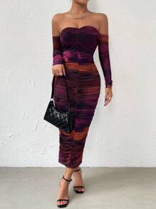 Zolique Off Shoulder Ruched Mesh Bodycon Dress - Multicolor - View 5