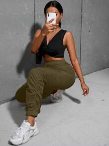 Zolique Solid Tie Waist Jogger Pants - Army Green - View 5
