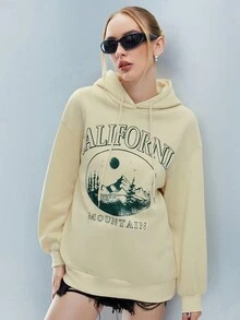 SHEIN Unity Đồ họa núi & chữ Thả vai Dây rút Hoodie - Màu be - Xem 3