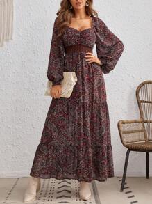 SHEIN VCAY Vestido con estampado de paisley escote corazón de manga farol bajo con fruncido