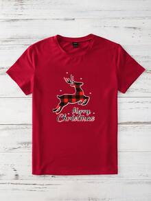 SHEIN LUNE Christmas Elk & Slogan Graphic Tee - Red - View 5