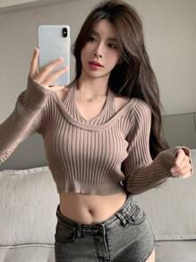 DAZY Chất rắn Dây Mùa vụ Sọc Áo len - Màu Khaki - Xem 3