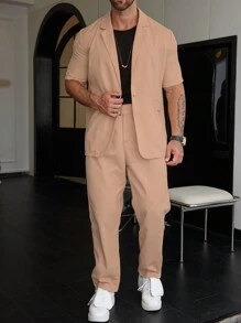 Manfinity Mode Men Solid Lapel Neck Blazer & Suit Pants - Pink - View 4