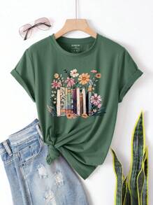 INAWLY 花卉和书籍印花 T 恤图案 T 恤女式上衣 - 墨綠色 - 查看 1