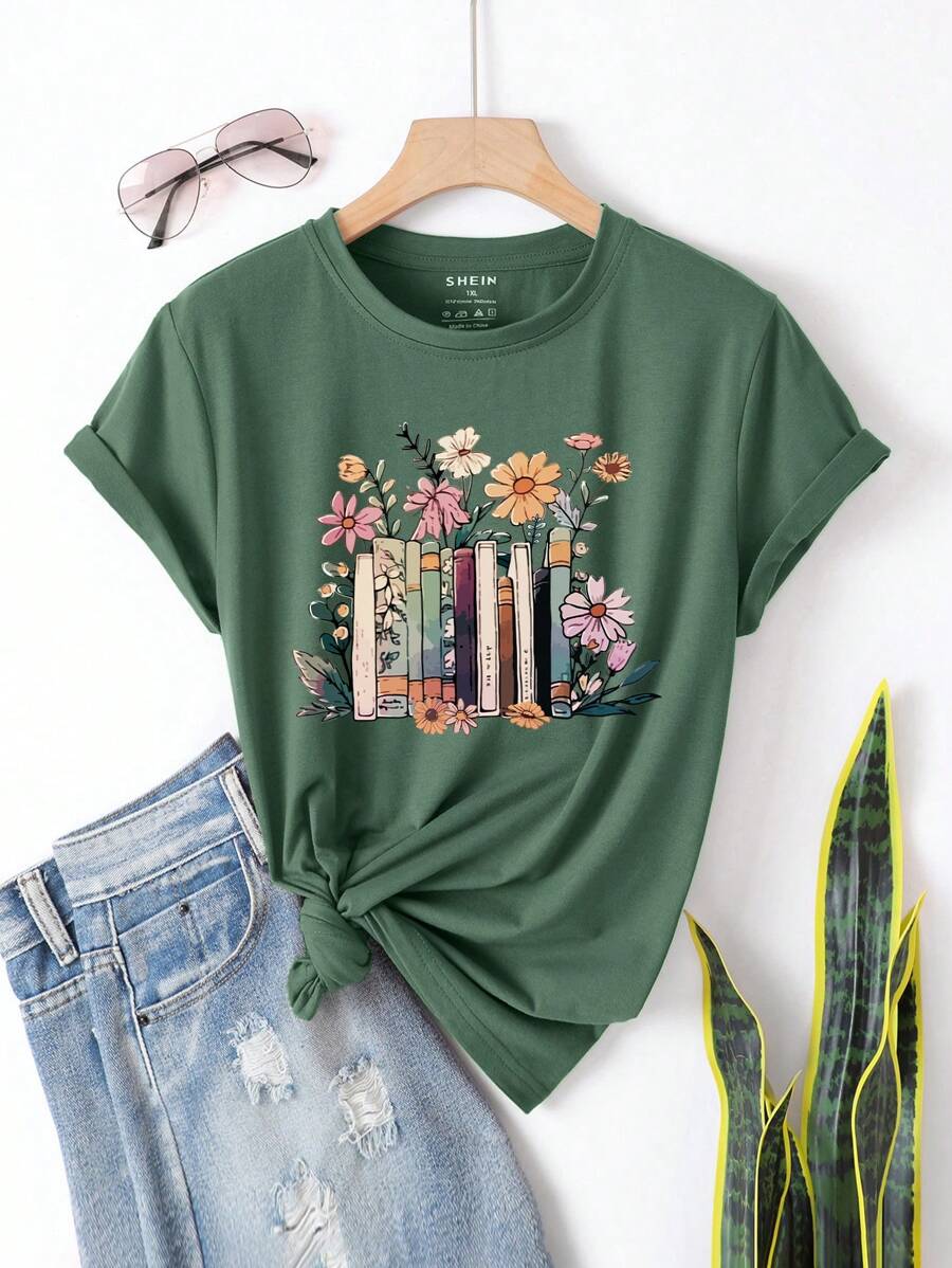 INAWLY 花卉和书籍印花 T 恤图案 T 恤女式上衣 - 墨綠色 - 查看 1