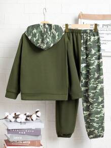 SHEIN Tween Boy Letter Graphic Kangaroo Pocket Hoodie & Sweatpants - Green - View 2