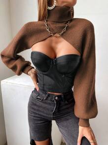 SHEIN Privé 高領超短版套頭毛衣不附抹胸 - 棕色 - 查看 5