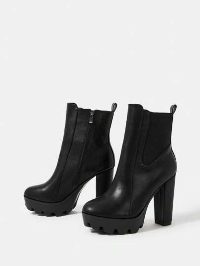 SHEIN X Lucía Bellido CUCCOO BIZCHIC Botas de tacón grueso de caña media con punta redonda para mujer, zapatos de vacaciones de de verano, elegantes básicos, negocios casuales, negocios elegantes, Navidad, otoño, Año Nuevo, vacaciones