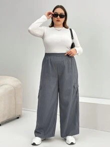 SHEIN Essnce 大碼條紋印花側翻蓋口袋闊腿褲 - 灰色 - 查看 4