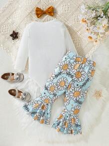 SHEIN 女嬰標語圖案連體衣和印花喇叭褲和頭巾