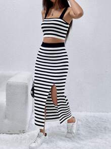 SHEIN EZwear Striped Pattern Cami Knit Top & Split Thigh Knit Skirt