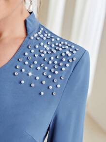 Modelyn Pearls Beaded Knot Side Wrap Hem Dress - Dusty Blue - View 4